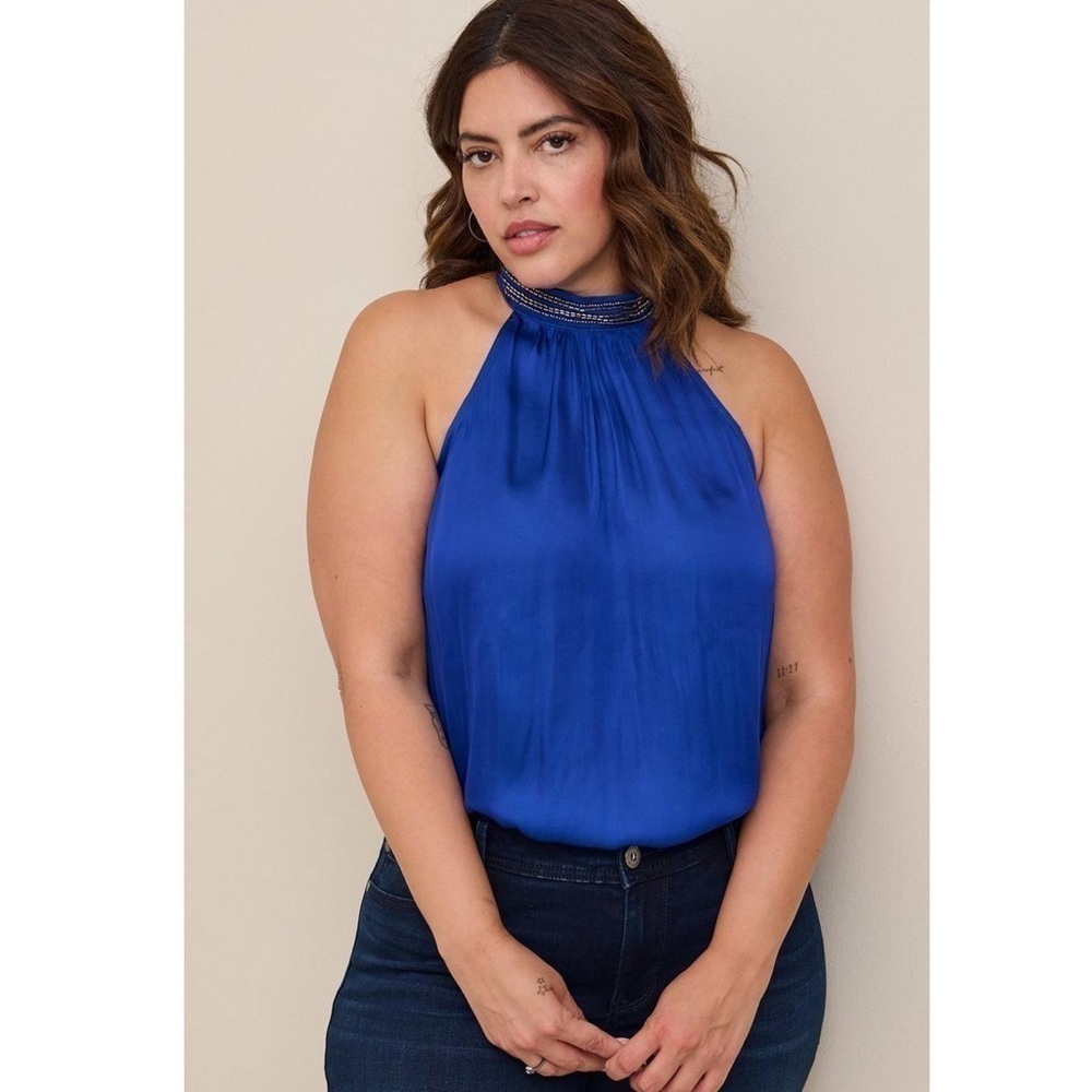 Torrid Satin Beaded Halter Top Surf The Web Cobalt Blue Sleeveless 4X Plus